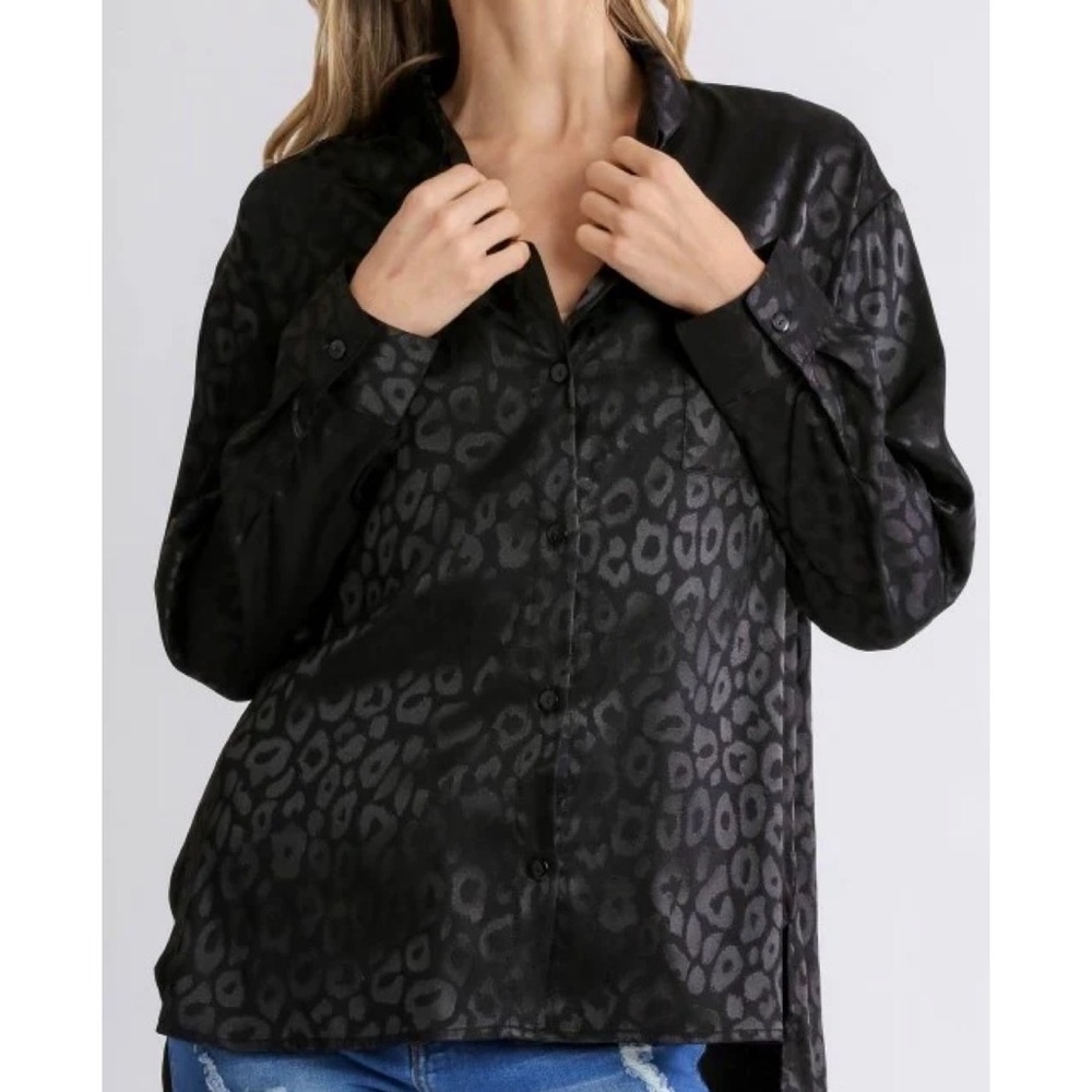 Bucket List Black Leopard Print Button Down blouse